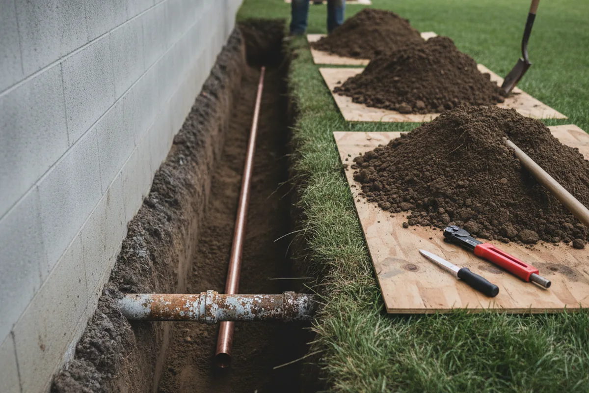 Excavated water line trench during Water Heater Repair in Elk Grove Village